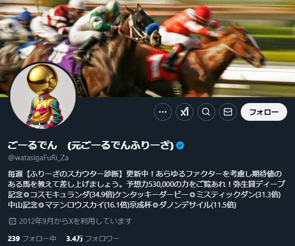 競馬予想家「ごーるでん　(元ごーるでんふりーざ)」の口コミ評価をチェック！